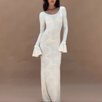 Long Sleeve See Through Slim Maxi Dress XEF-K24D56841