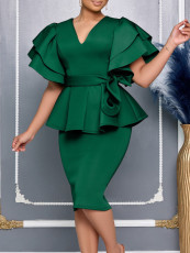 Plus Size Ruffle Solid Color Midi Dress GMLF-3314