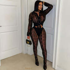 Print Mesh See Through Shirt Pants Suit YNSF-2671