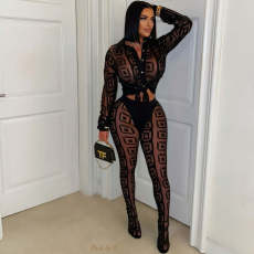 Print Mesh See Through Shirt Pants Suit YNSF-2671