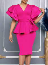 Plus Size Ruffle Solid Color Midi Dress GMLF-3314