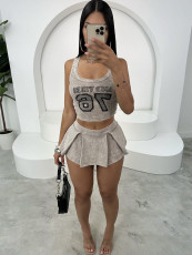Print Sleeveless Tank Tops And Pleated Skirt Suit YWXS-XS-XSL44560