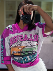 Loose Mesh Print Half Sleeve T Shirt YWXS-XS-XSL44848