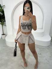 Print Sleeveless Tank Tops And Pleated Skirt Suit YWXS-XS-XSL44560