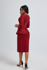Solid Color O Neck Two Piece Skirt Set OSM-6136