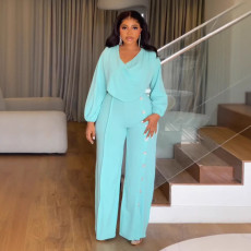 Plus Size Sexy Lantern Sleeve Wide Leg Jumpsuit NY-10967