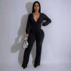 V Neck Patchwork Sports Jumpsuit OSM-4467