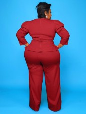 Plus Size Solid Long Sleeve Pants Two Piece Set GAWE-5339