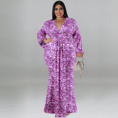 Plus Size Print Long Sleeve Fashtail Dress GDAM-1038