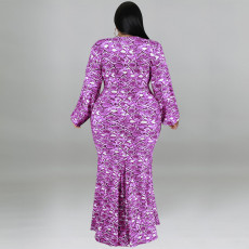 Plus Size Print Long Sleeve Fashtail Dress GDAM-1038