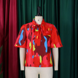Plus Size Print Tie Up Bubble Sleeve Shirt GATE-561