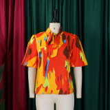 Plus Size Print Tie Up Bubble Sleeve Shirt GATE-561