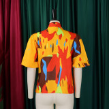 Plus Size Print Tie Up Bubble Sleeve Shirt GATE-561