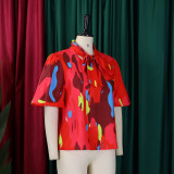 Plus Size Print Tie Up Bubble Sleeve Shirt GATE-561