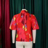 Plus Size Print Tie Up Bubble Sleeve Shirt GATE-561