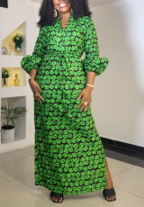 Plus Size Print Drawstring Split Maxi Dress NY-10975