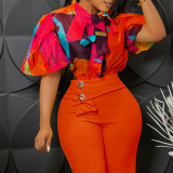 Plus Size Print Tie Up Bubble Sleeve Shirt GATE-561