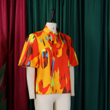 Plus Size Print Tie Up Bubble Sleeve Shirt GATE-561