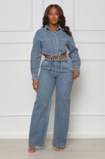 Long Sleeve Lapel Darwstring Denim Two Piece Pants Set GQLF-1025