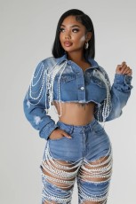 Pearl Chain Hand-beaded Denim Jacket YUMT-YMT388