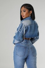 Pearl Chain Hand-beaded Denim Jacket YUMT-YMT388