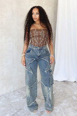 Fringed Raw Edge Loose Straight Jeans YUMT-YMT377