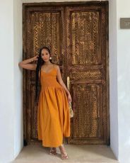 V Neck Patchwork Solid Color Sling Long Dress YUMT-YMT334