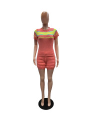 Color Block Short Sleeve Sweater Shorts Set QXTF-8105