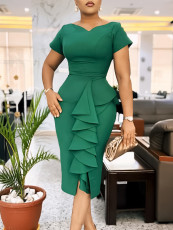 Plus Size Solid Color Ruffles Midi Dress GCZF-8618