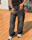 Washed Gradient Color Rhinestone Straight Jeans GAKF-50201