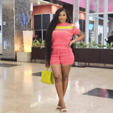 Color Block Short Sleeve Sweater Shorts Set QXTF-8105
