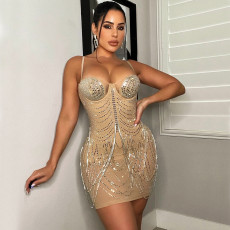 Mesh Hot Drill Tassel Mini Dress GOSD-6693