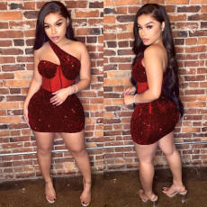 Mesh Sequin Slash Shoulder Mini Dress GOSD-6900