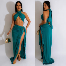 Sexy Wrap Chest Tie Up Tassel Skirt Suit GOSD-6997