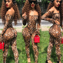 Leopard Print Mesh Bodysuit Pants Suit GOSD-6190