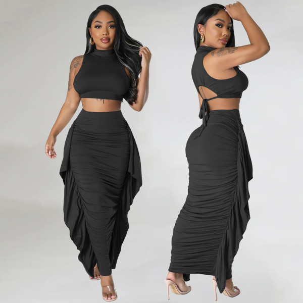 Solid Color Sleeveless Tassel Two Piece Skirts Set GOSD-6901