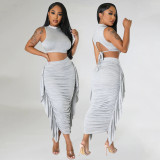 Solid Color Sleeveless Tassel Two Piece Skirts Set GOSD-6901