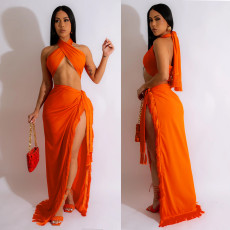 Sexy Wrap Chest Tie Up Tassel Skirt Suit GOSD-6997