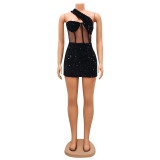 Mesh Sequin Slash Shoulder Mini Dress GOSD-6900