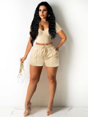 Solid Color Square Neck Two Piece Shorts Set FENF-6021