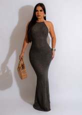 Solid Color Backless Knits Halterneck Beach Dress GKLE-0420