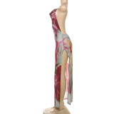 Print Backless Halterneck Split Maxi Dress XEF-K24D57158