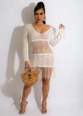 Sexy Knits Tassel See Through Beach Mini Dress GKLE-0422
