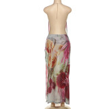 Print Backless Halterneck Split Maxi Dress XEF-K24D57158