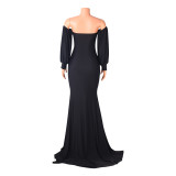 Soiid Color Long Sleeve Maxi Dress GOSD-6204