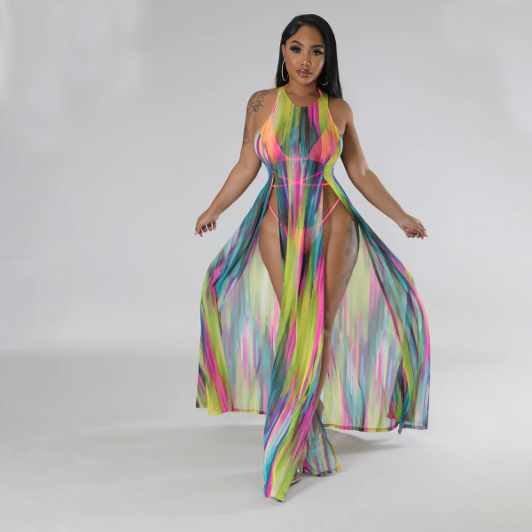 Mesh See Through Dress Swimsuit Three Piece Set GOSD-1328