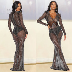 Long Sleeve Hor Drill Maxi Dress GOSD-6782
