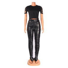Fashion Tight Pleated PU Leather Pant GOSD-6125