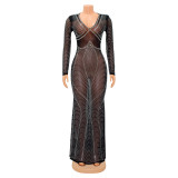 Long Sleeve Hor Drill Maxi Dress GOSD-6782