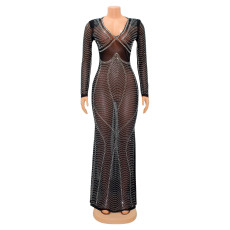 Long Sleeve Hor Drill Maxi Dress GOSD-6782